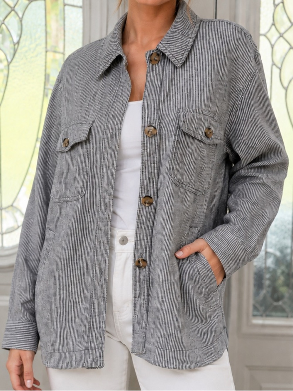 LOFT Linen Cotton Striped Utility Shacket Jacket Size Medium